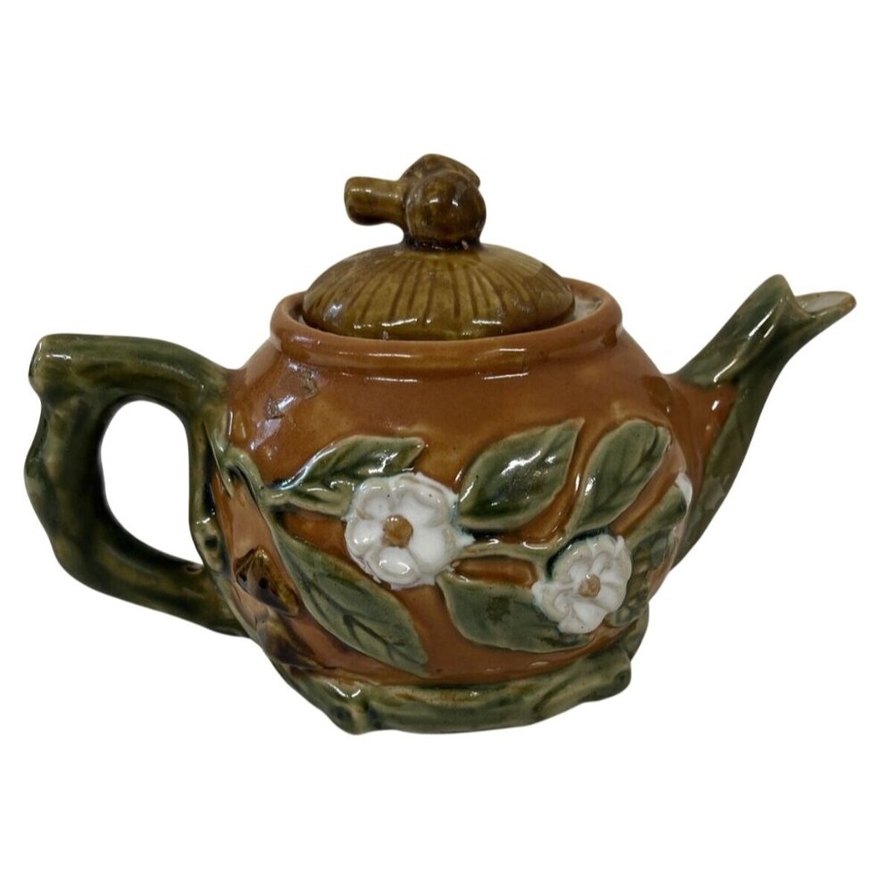Teapot Mushroom Lid White Flowers Pottery Majolica Brown - Picture 3 of 11